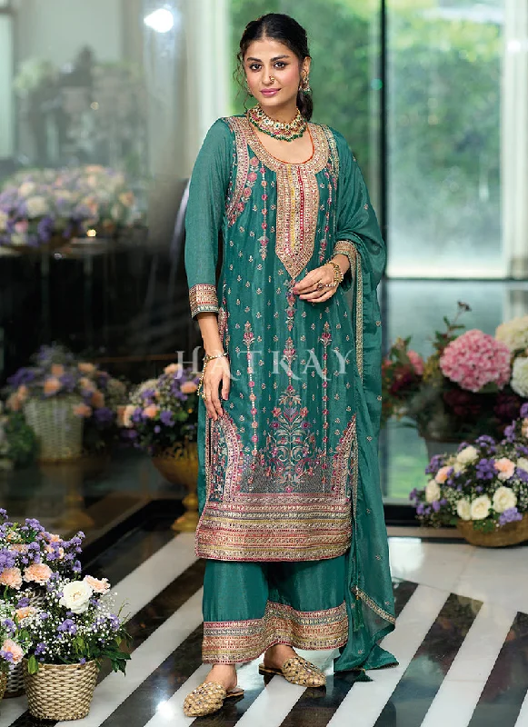 Deal Frenzy Turquoise Multi Embroidery Palazzo Suit