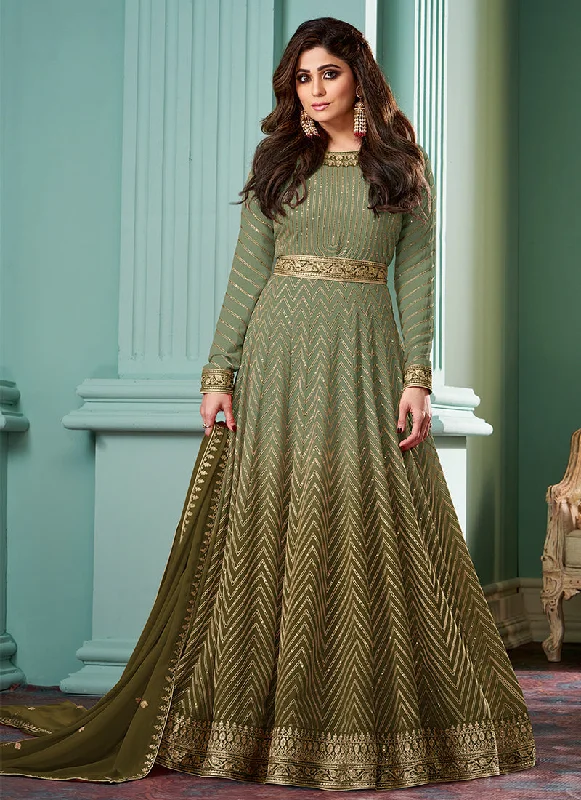 Today's Special Green Ombre Embroidered Bollywood Style Dress