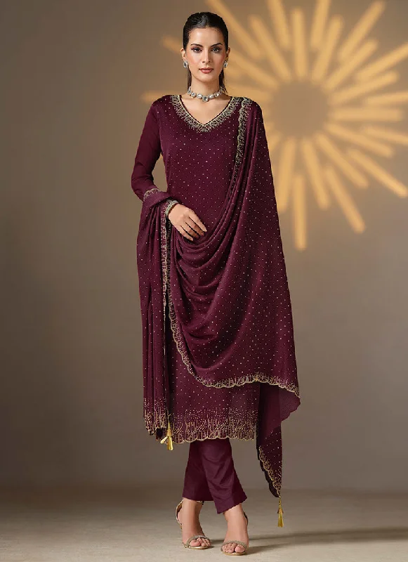 Price Slash Deep Wine Golden Embroidered Pant Style Suit