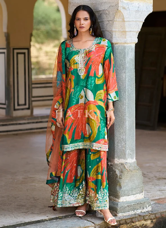Inventory Reduction Green Embroidery Printed Palazzo Suit