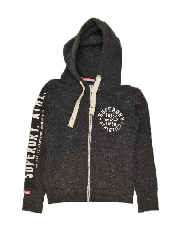 Weekend Flash Sale SUPERDRY Womens Track & Field Graphic Zip Hoodie Sweater UK 10 Small Grey