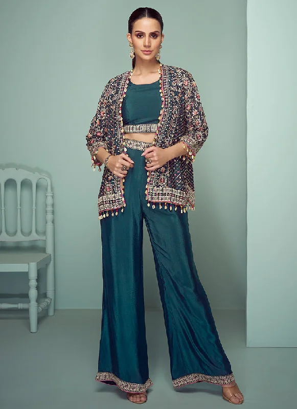 Super Savings Turquoise Multi Floral Embroidery Blazer Co-Ord Set