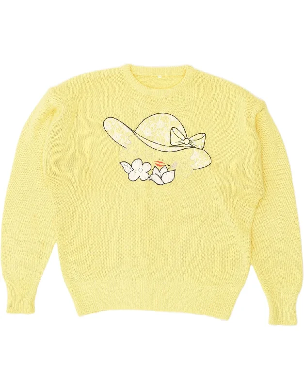 Price Rollback VINTAGE Womens Graphic Crew Neck Jumper Sweater UK 14 Medium Yellow