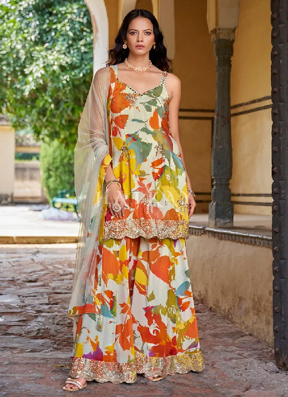 Limited Availability White Beige Embroidery Printed Palazzo Suit