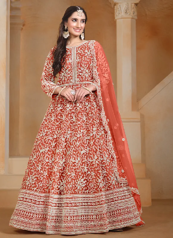 Deal Explosion Orange Embroidery Festive Anarkali Suit