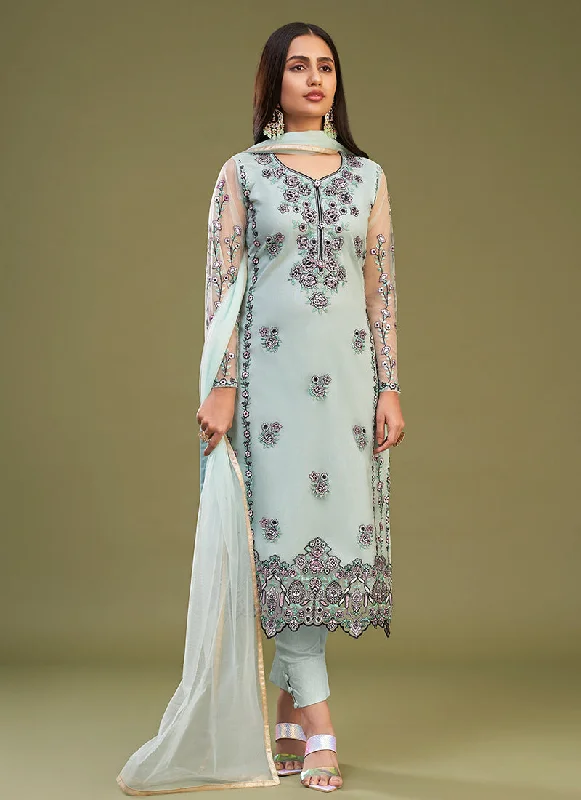 Steals and Deals Light Blue Multi Embroidery Bridesmaid Pant Style Suit