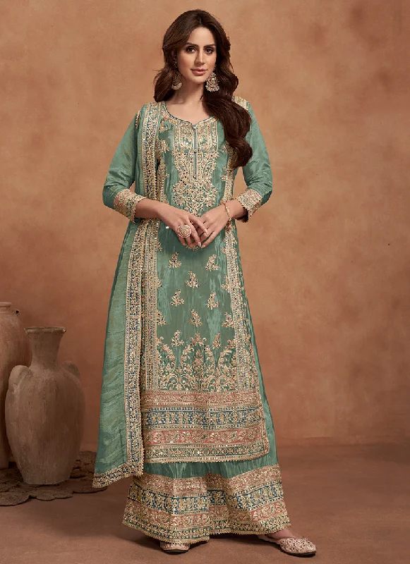 Special Savings Green Multi Embroidered Wedding Palazzo Suit