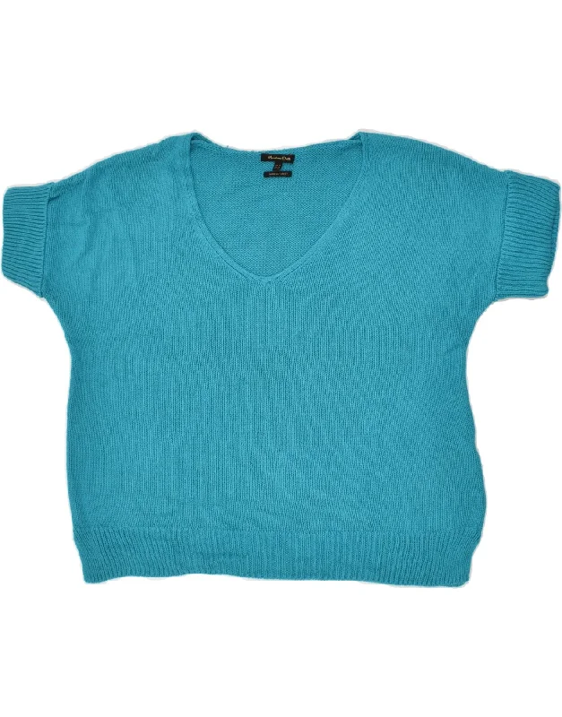 Weekend Flash Sale MASSIMO DUTTI Womens Short Sleeve V-Neck Jumper Sweater UK 14 Medium Blue