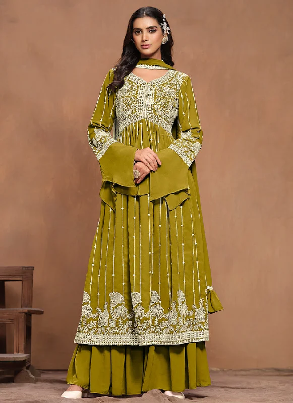 Quick Sale Green White Embroidery Pleated Kurti Palazzo Suit