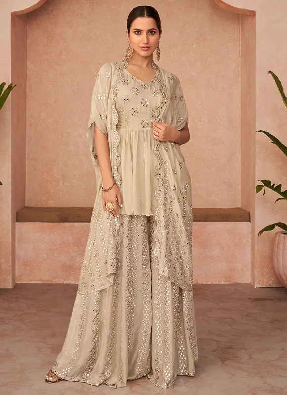 Today’s Special Beige Foil Mirror Embroidery Peplum Style Palazzo Set