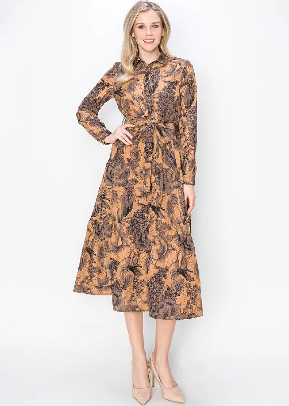 Stock Clearance Sketch Floral Rust Midi Dress