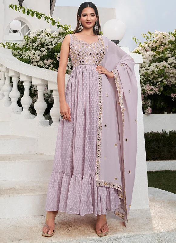 Limited Time Lavender Mirror Work Embroidered Jacquard Anarkali Suit