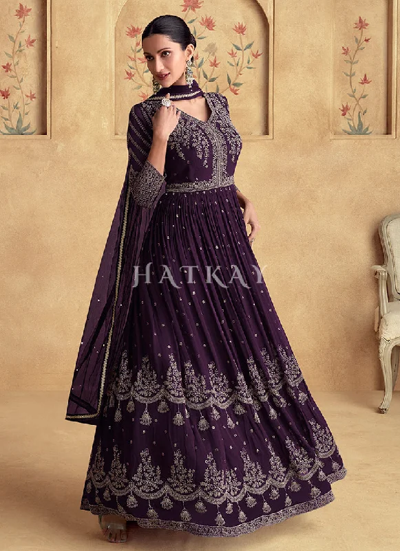 Price Drop Deep Purple Reshamkari Embroidery Wedding Anarkali Dress