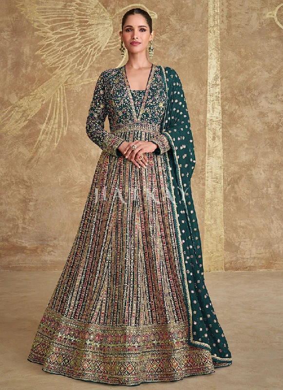 Bonus Savings Dark Green Embroidery Festive Anarkali Gown Dress