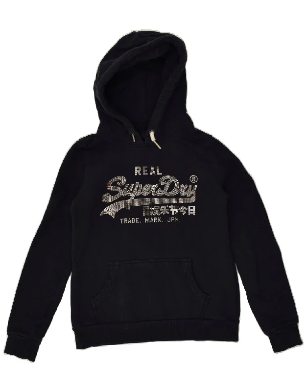 Price Cut SUPERDRY Womens Graphic Hoodie Jumper UK 10 Small Navy Blue Cotton