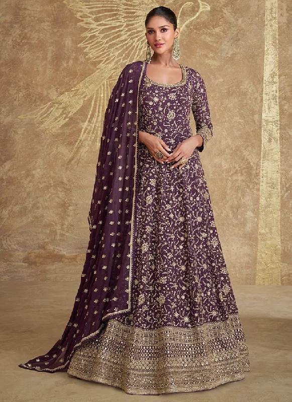 Deal Frenzy Deep Purple Embroidery Festive Anarkali Gown Dress
