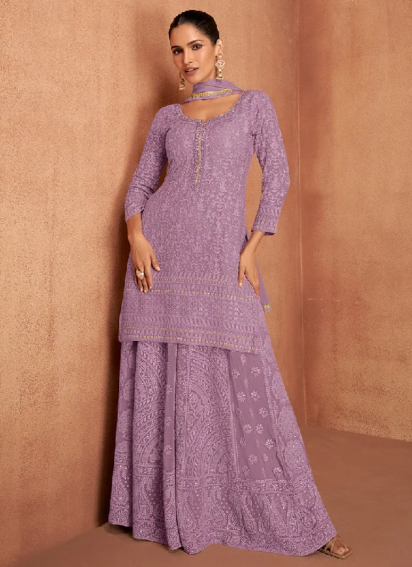Midnight Sale Light Purple Chikankari Embroidery Festive Palazzo Suit