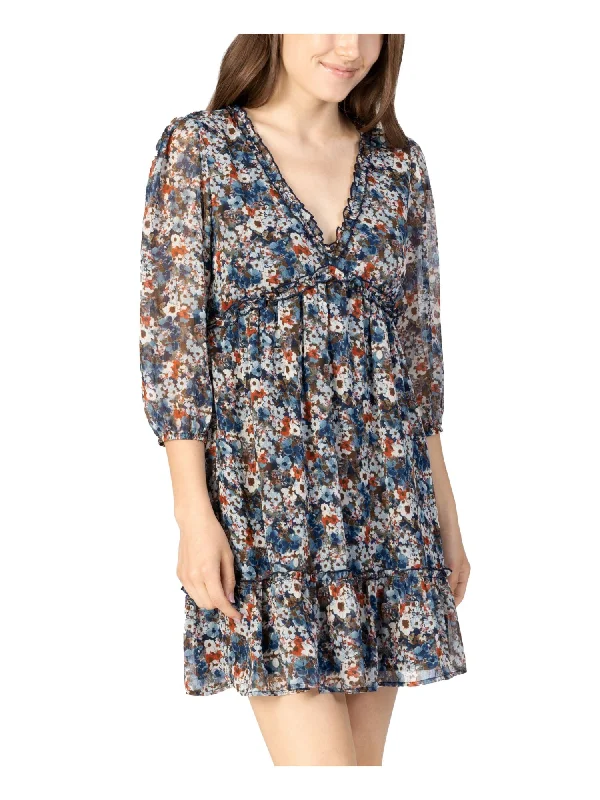 Extra Savings SPEECHLESS Womens Navy Ruffled Sheer Lined Pullover Styling Floral 3/4 Sleeve V Neck Short Evening Shift Dress