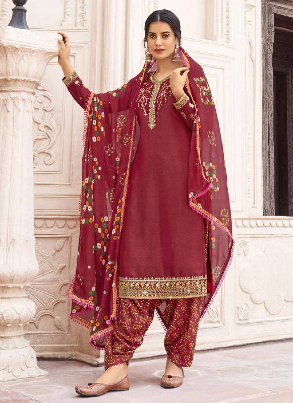 Best Bargains Cherry Red Multi Embroidered Traditional Punjabi Style Suit