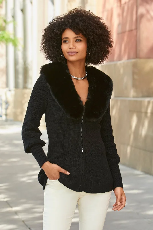 Price Rollback Faux Fur Balloon Sleeve A Line Zip Up Cardigan Black
