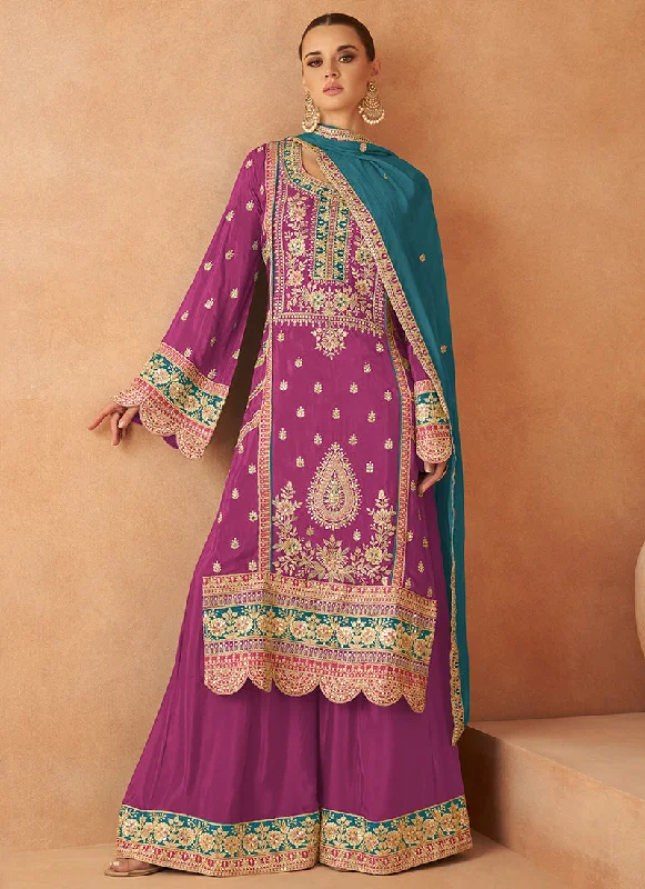 Sale Event Magenta And Turquoise Multi Embroidery Palazzo Suit