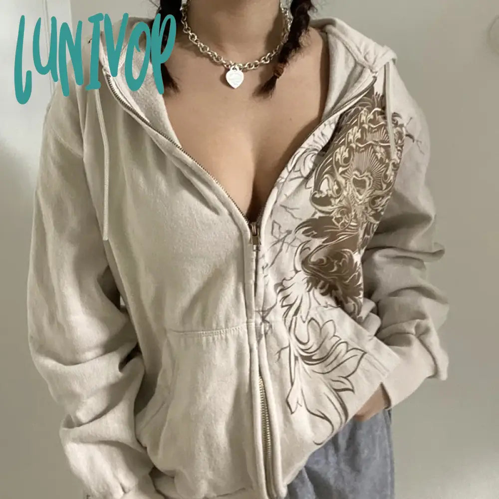 Bargain Bin Lunivop Y2k Zip Up Hoodie Women Vintage 2000s Oversize Hooded Sweatshirts Graphic Grunge Streetwear Jacket Aesthetic Top