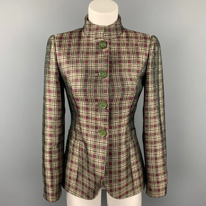 Low Prices GIORGIO ARMANI Size 2 Burgundy / Green Plaid Wool Blend Nehru Collar Jacket