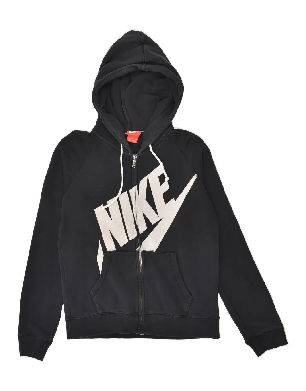 Closeout Sale NIKE Womens Graphic Zip Hoodie Sweater UK 10 Small Navy Blue Cotton
