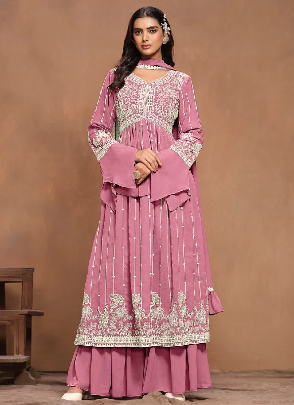 Now or Never Pink White Embroidery Pleated Kurti Palazzo Suit