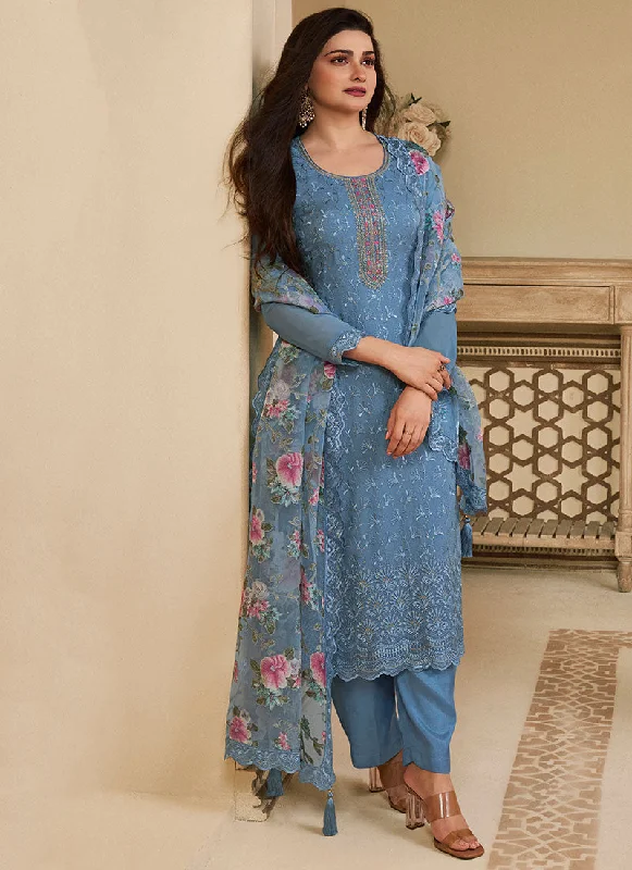 Steals and Deals Blue Schiffli Embroidery Traditional Pant Style Salwar Suit