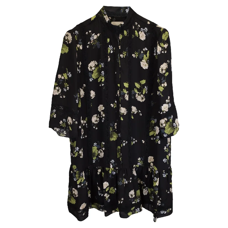 Fantastic Offers Erdem Bertram Mini 3/4 Sleeve Floral Print Dress in Black Silk