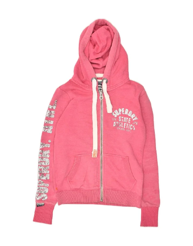 Online Only SUPERDRY Womens Loose Fit Graphic Zip Hoodie Sweater UK 6 XS Pink Cotton