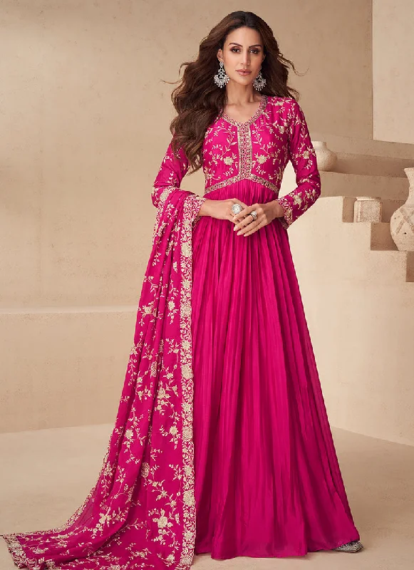 Quick Sale Magenta Pink Traditional Embroidery Anarkali Gown Dress