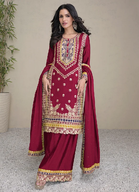 Discount Mania Cherry Red Multi Embroidery Traditional Palazzo Suit