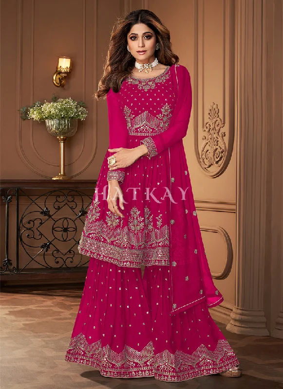 Deal Alert Hot Pink Golden Embroidered Designer Sharara Suit