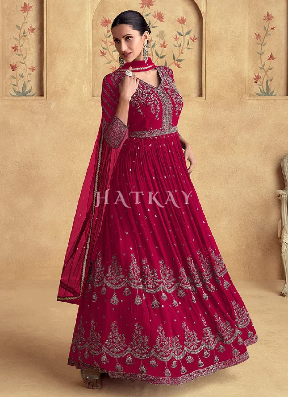 Members Only Crimson Red Reshamkari Embroidery Wedding Anarkali Dress