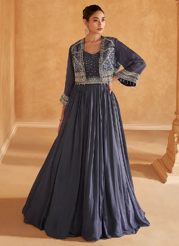 Discount Days Pansy Blue Embroidered Designer Gown With Jacket