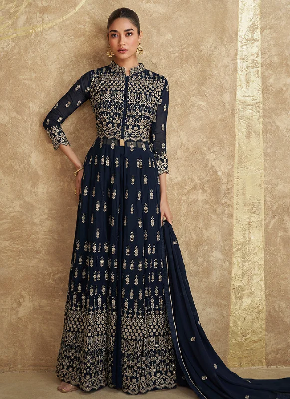 Extra Discounts Navy Blue Traditional Embroidered Slit Style Palazzo Suit