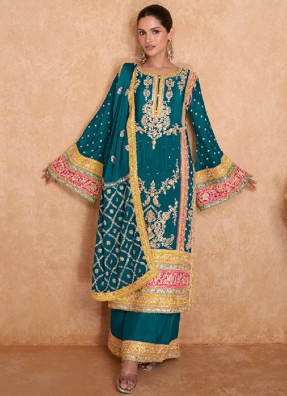 Hurry In Turquoise Multi Embroidered Wedding Palazzo Suit