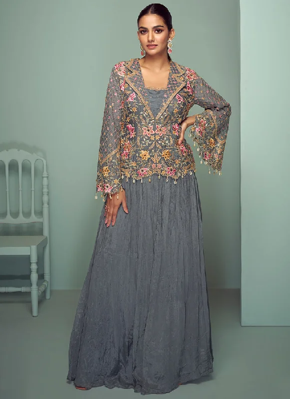 Clearance Event Hazy Grey Multi Embroidered Jacket Style Lehenga Suit