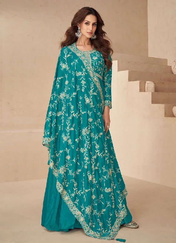 Online Only Teal Blue Traditional Embroidery Anarkali Gown Dress