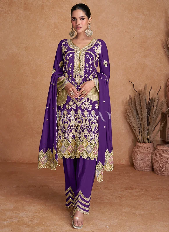 Deal Dash Purple Multi Embroidery Traditional Pant Style Suit