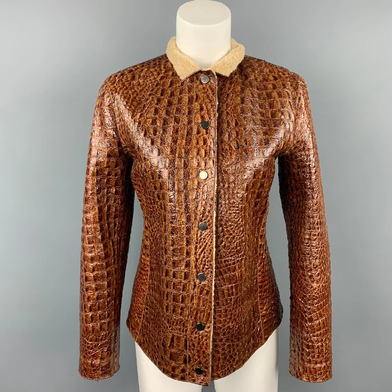 Weekend Deal ARMANI COLLEZIONI Size 6 Brown Embossed Leather Jacket