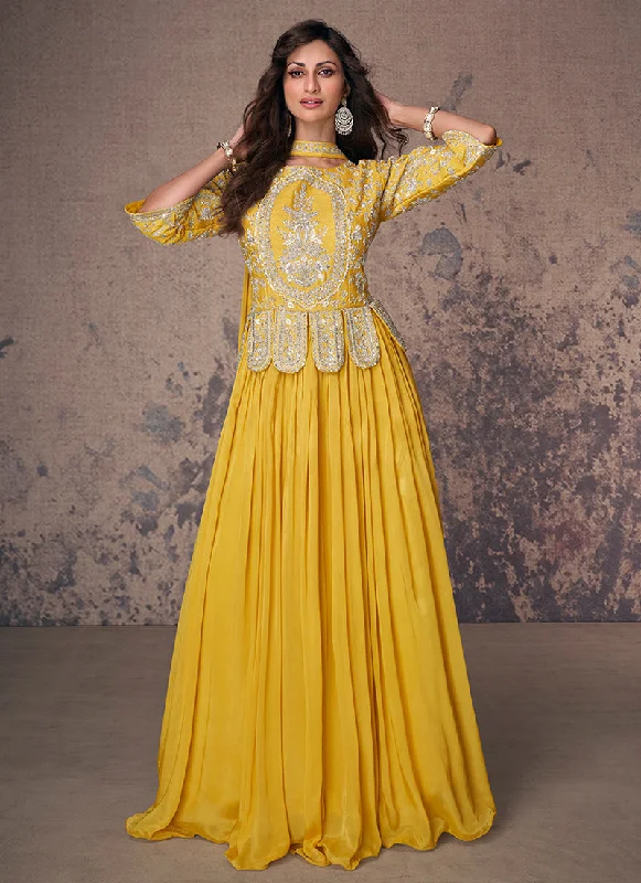 Price Buster Bright Yellow Handwork Embroidered Anarkali Gown