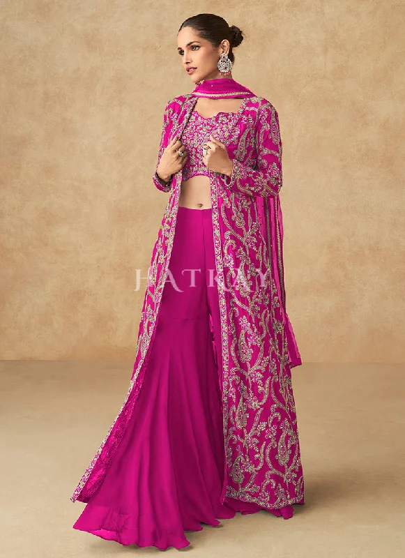 Customer Appreciation Sale Magenta Embroidered Jacket Style Palazzo Suit