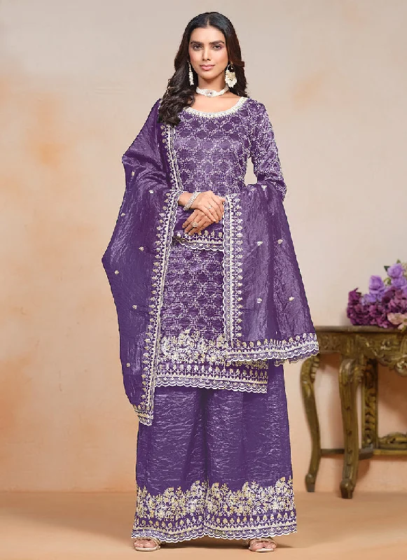 Daily Deals Purple Embroidered Traditional Palazzo Suit