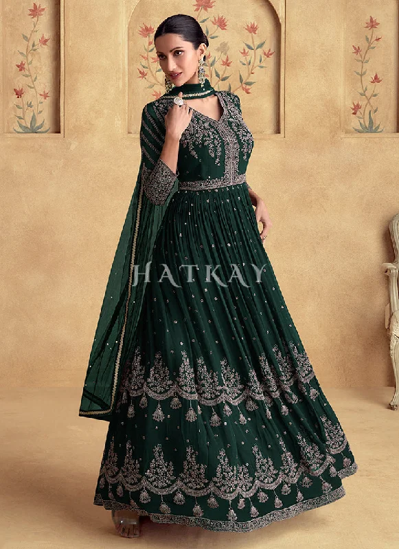 Last Chance Bottle Green Reshamkari Embroidery Wedding Anarkali Dress