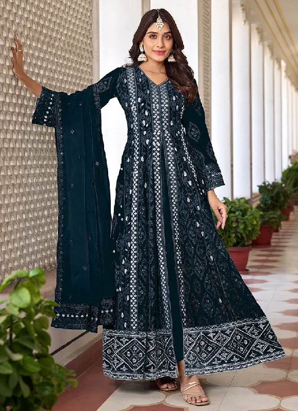 Members Only Dark Blue Sequence Embroidery Slit Style Anarkali Pant Suit
