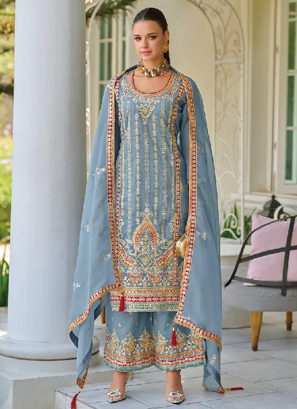 While Supplies Last Ice Blue Multi Embroidery Traditional Salwar Kameez Suit