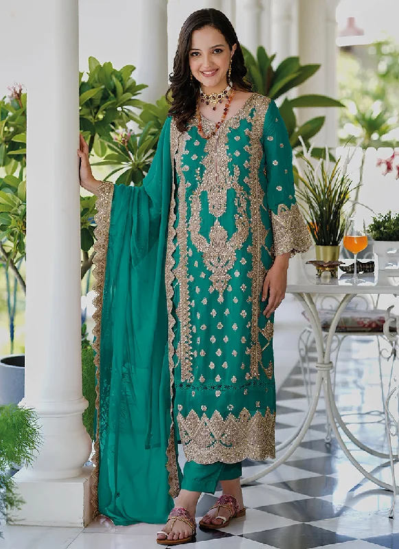 Deep Discounts Turquoise Multi Embroidery Salwar Kameez Suit